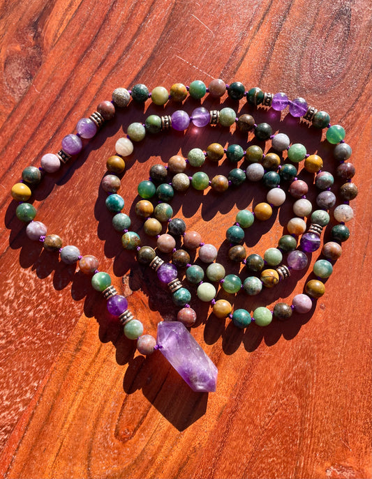 Emotional Balance Crystal Mala Necklace with Amethyst and Indian Agate