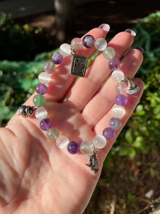 Witchy Intuition Boosting Crystal Charm Bracelet with Amethyst, Fluorite, & Selenite