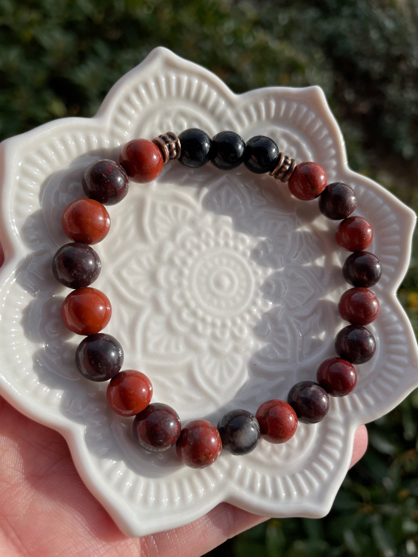 Root Chakra Balancing Crystal Bracelet with Red Jasper, Black Tourmaline, Garnet, & Red Brecciated Jasper