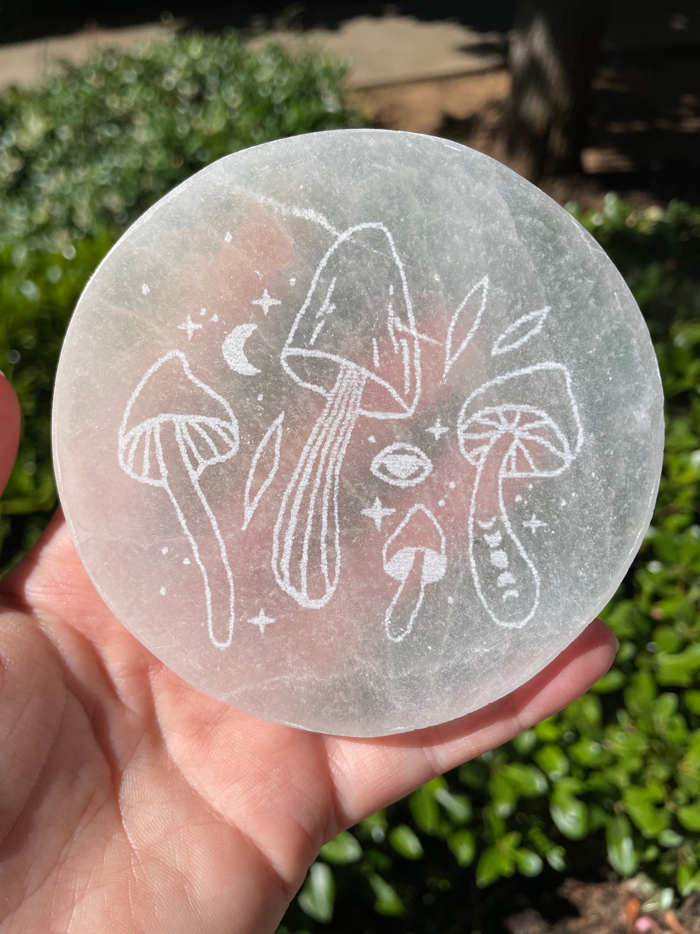 Mushroom Satin Spar Selenite Crystal Charging Plate