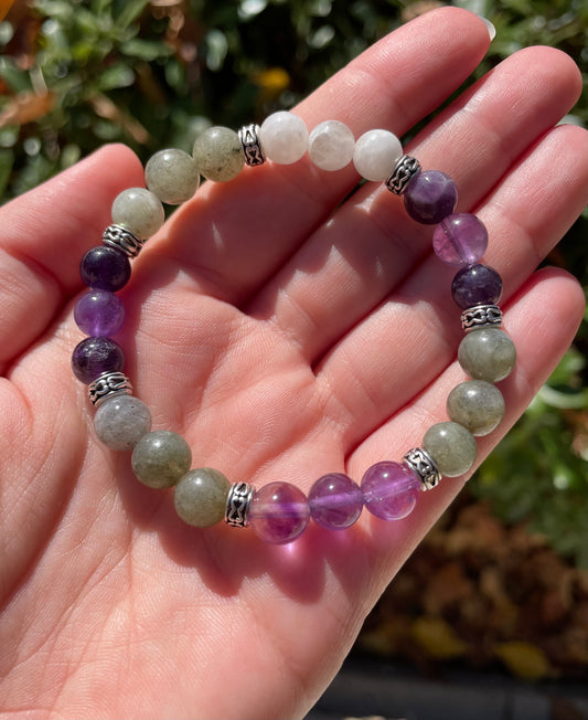 Transformation and Spiritual Growth Crystals Bracelet with Labradorite, Amethsyt, and Moonstone