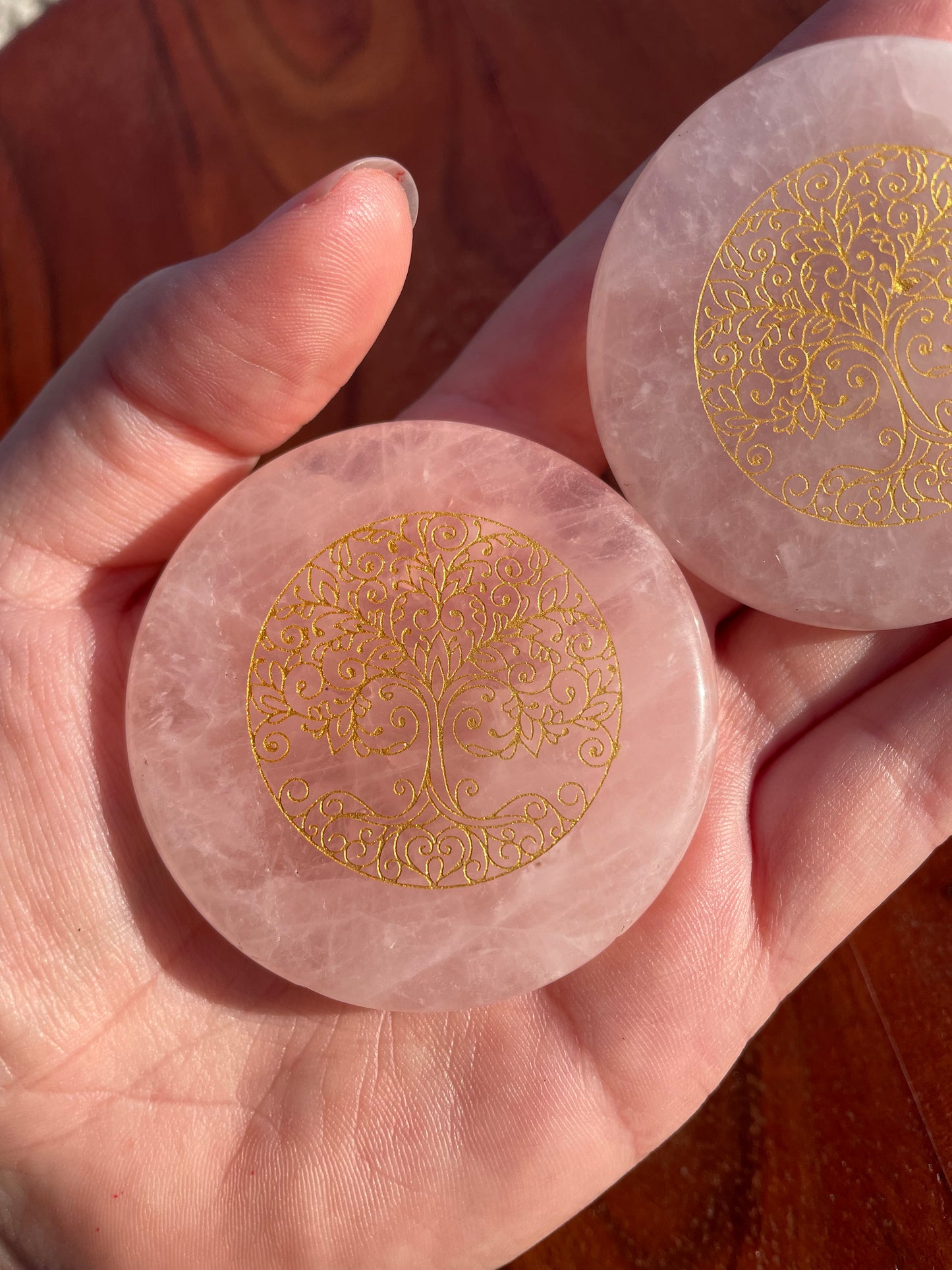 Rose Quartz Crystal Tree of Life Etched Worry Stone Disc