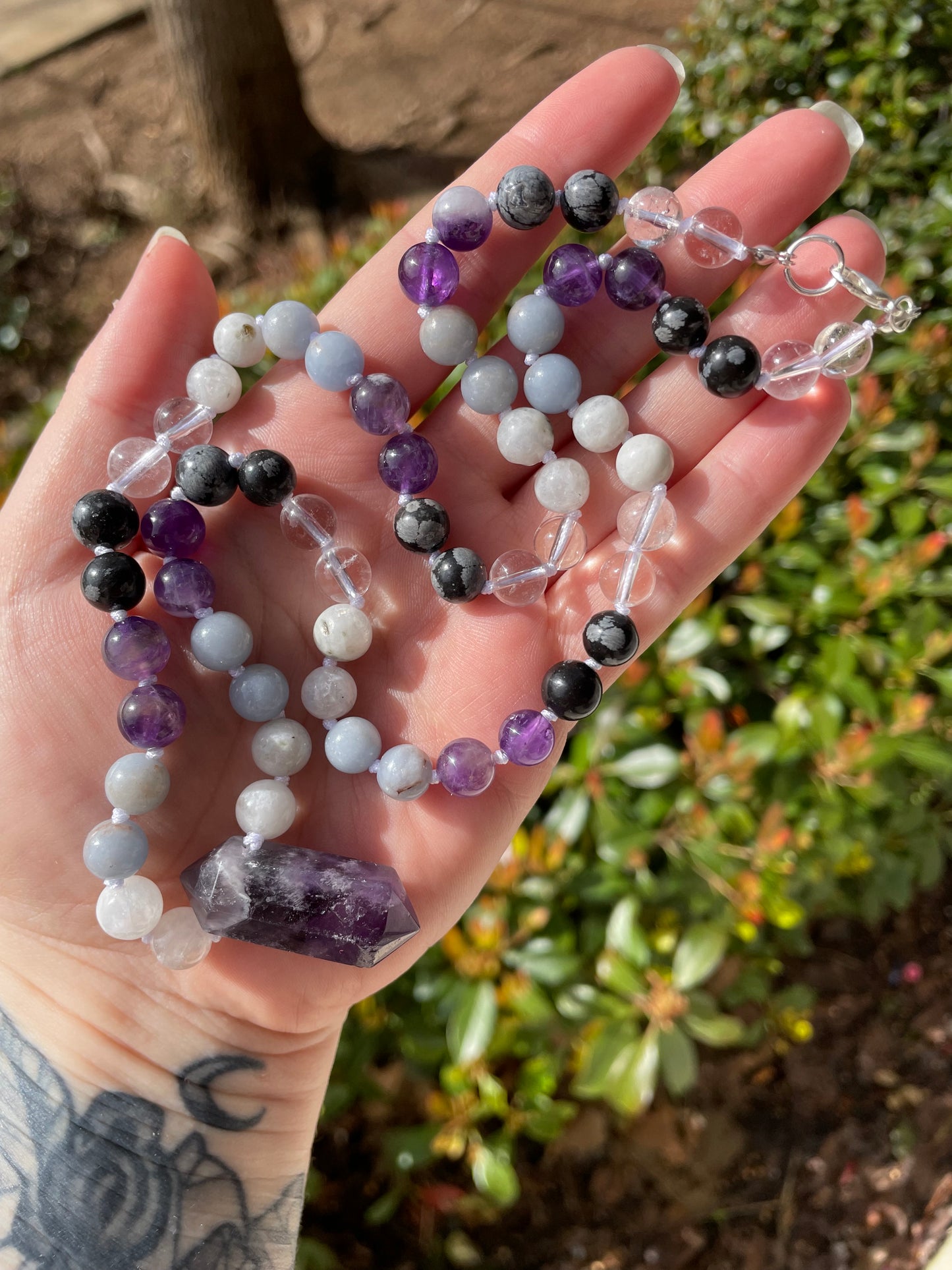 Angels & Spirit Guides Connection Boosting Necklace with Angelite, Amethyst, Clear Quartz, & Snowflake Obsidian