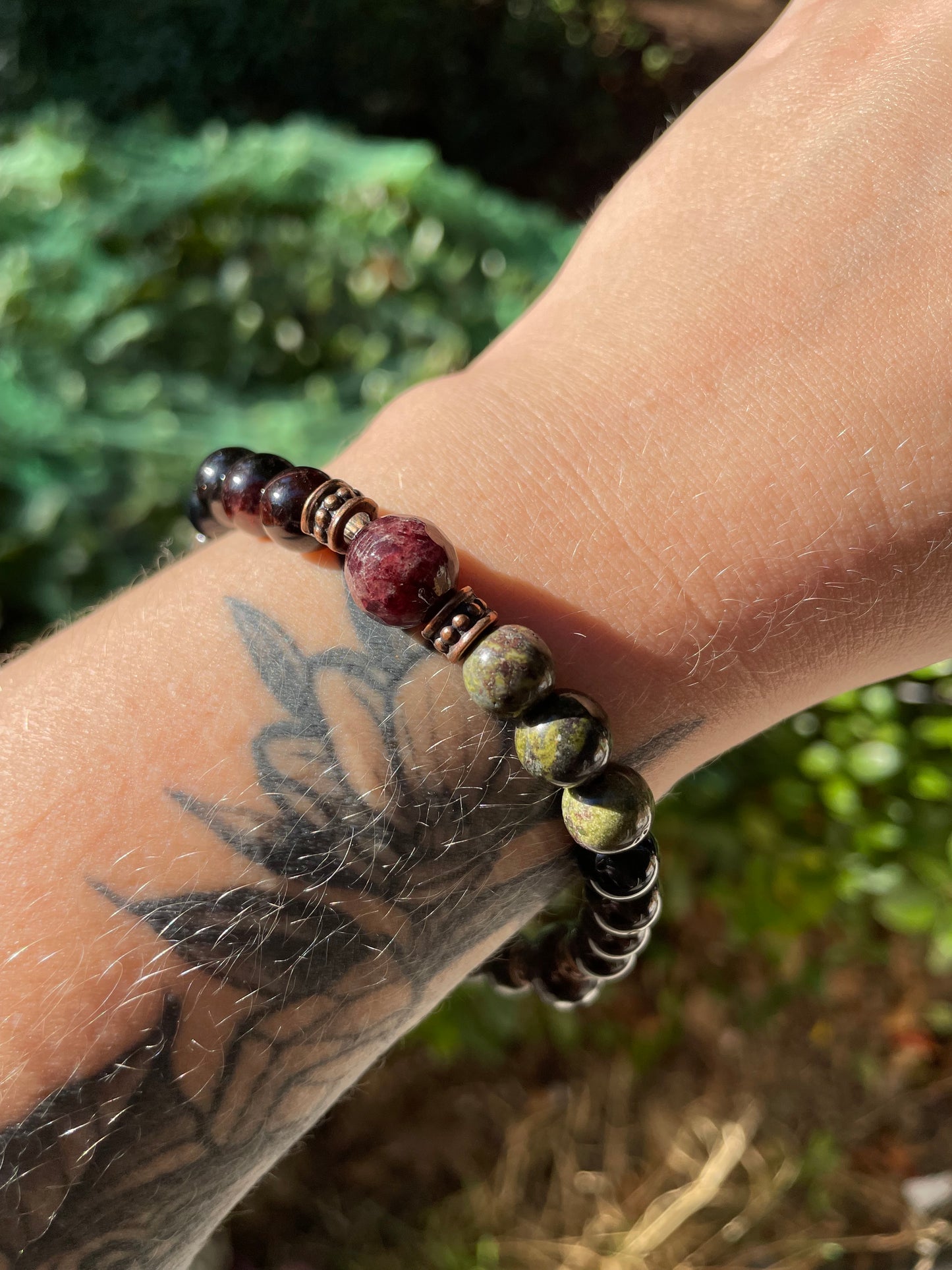 Masculine Inner Strength Crystal Bracelet with Garnet, Black Onyx, & Dragon Bloodstone