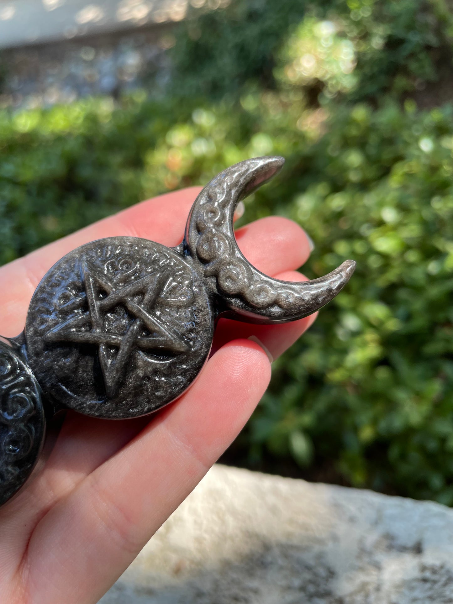 Silver Sheen Obsidian Crystal Triple Moon Pentacle Carving