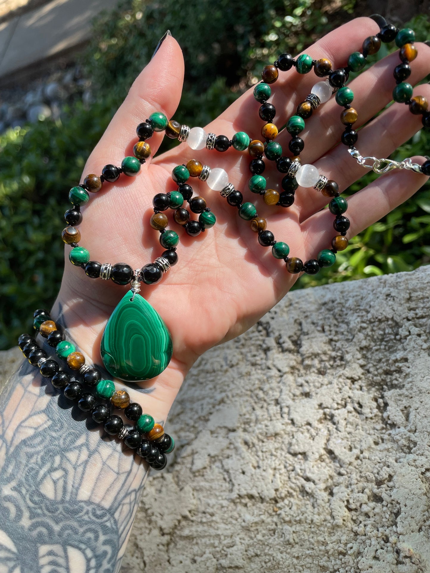 Protection & Prosperity with Malachite, Tigers Eye, Black Onyx, & Selenite Crystal Necklace and Bracelet Set