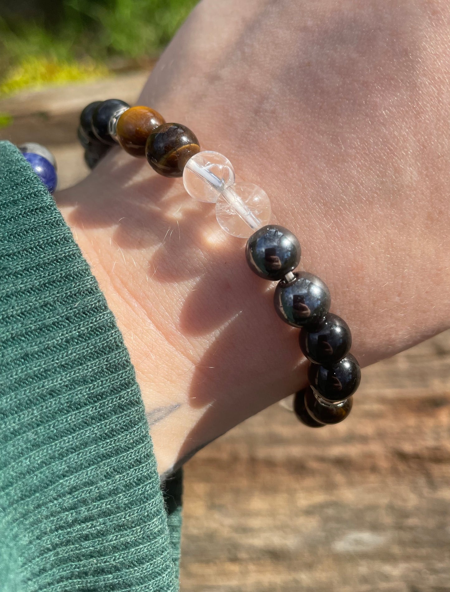 Ground & Protect Your Energy & Crystal Bracelet with Hematite, Clear quartz, Tigers Eye, & Black Tourmaline