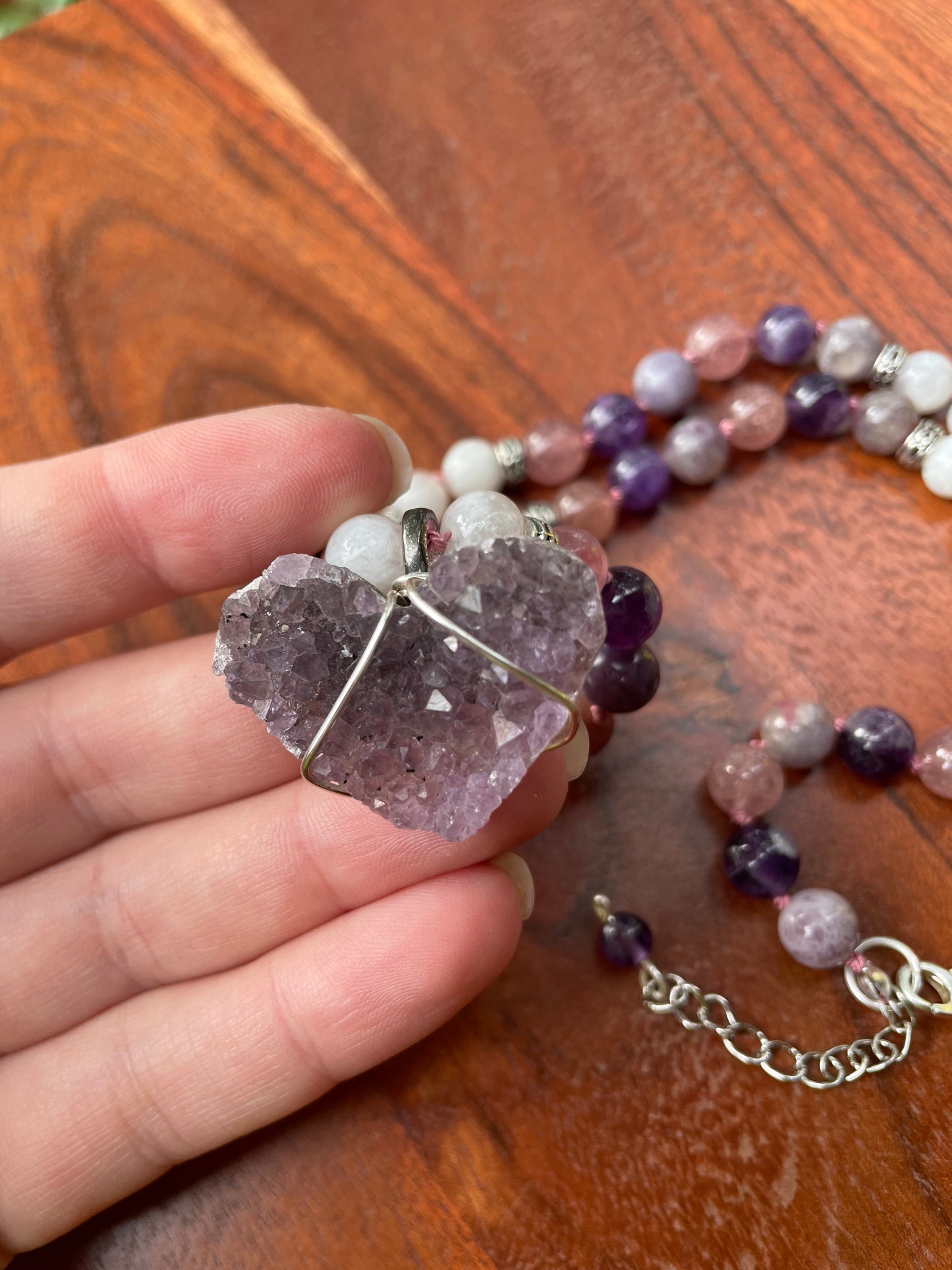 Self-Love Divine Feminine Heart Necklace with Amethyst, Strawberry Quartz, Unicorn Stone, & Moonstone