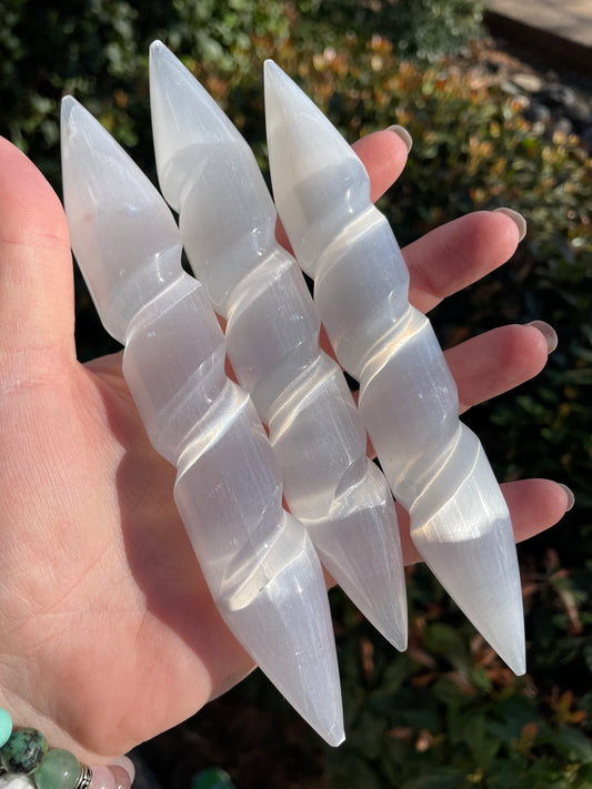 Satin Spar Selenite 6” Spiral Wands