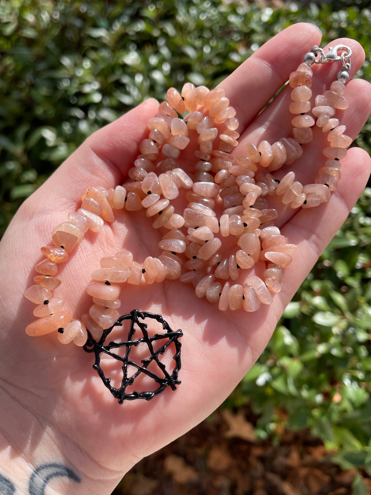 Flashy Peach Moonstone with Sunstone Crystal Pentacle Necklace