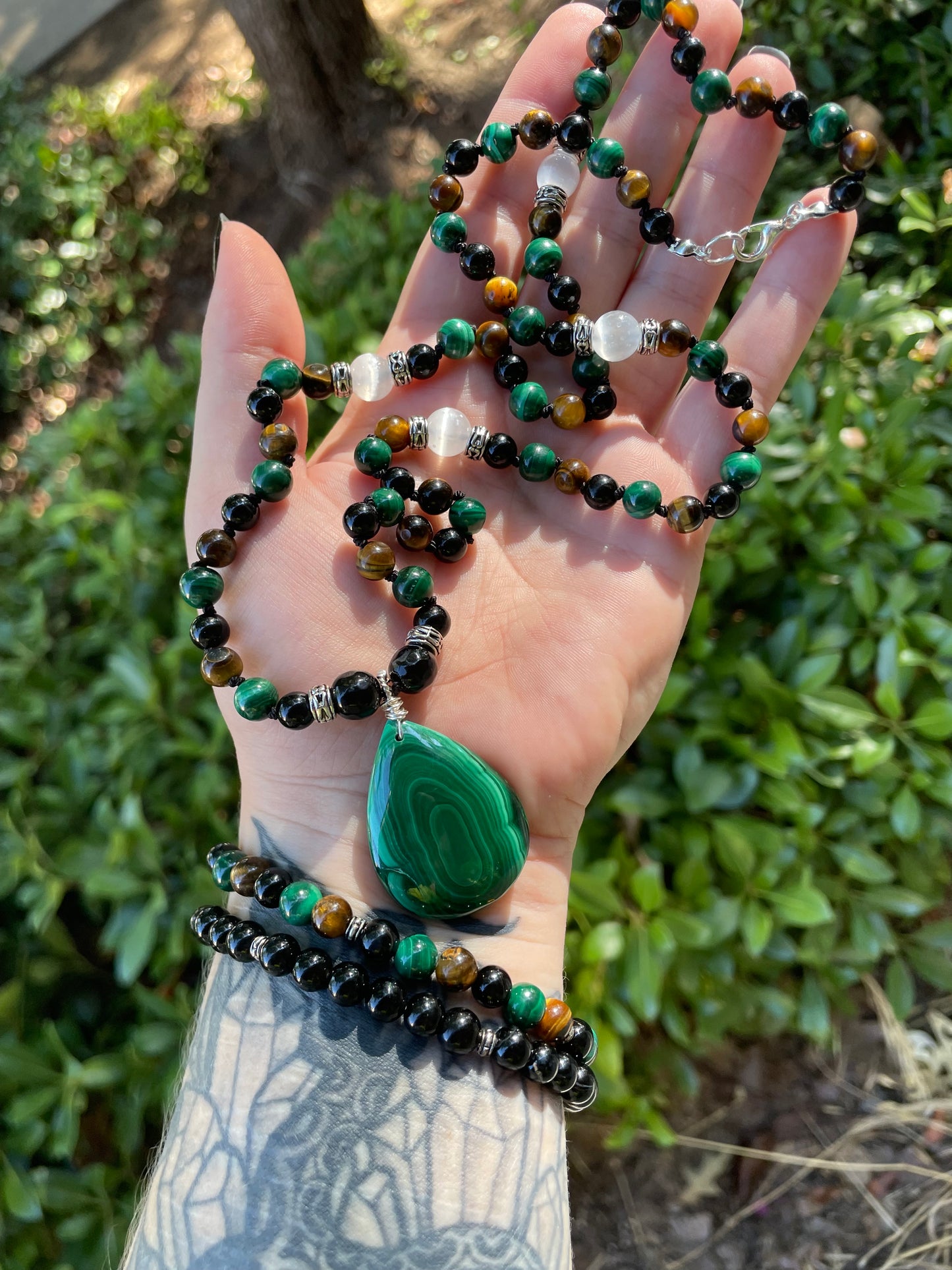 Protection & Prosperity with Malachite, Tigers Eye, Black Onyx, & Selenite Crystal Necklace and Bracelet Set