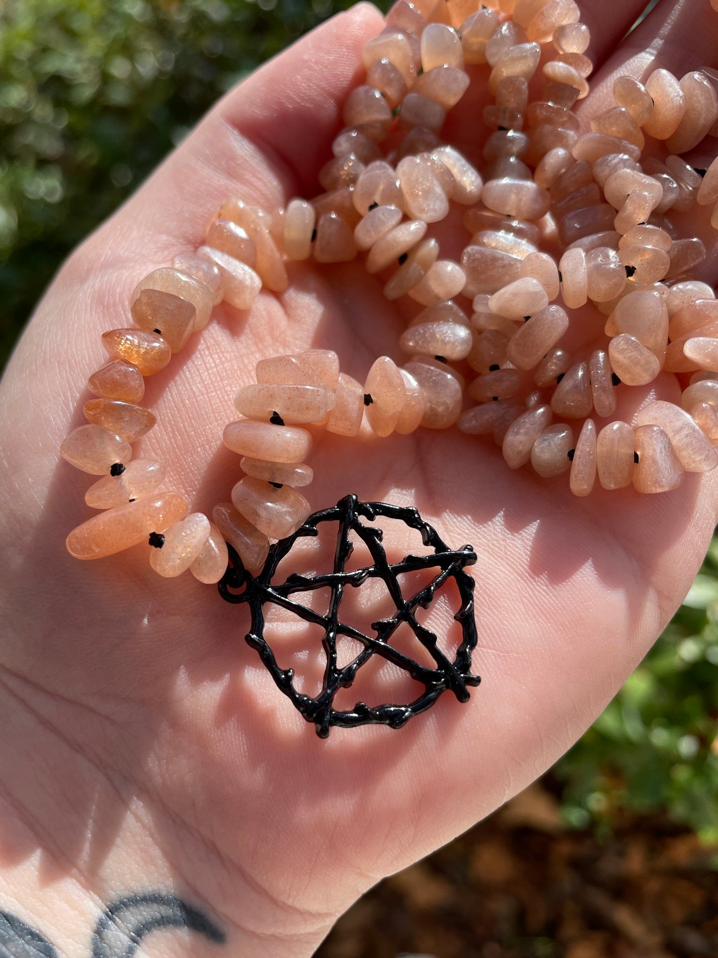 Flashy Peach Moonstone with Sunstone Crystal Pentacle Necklace