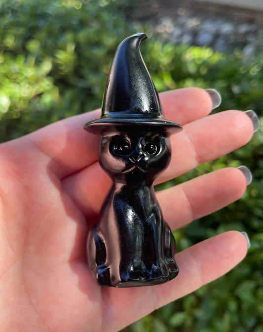 Obsidian Witch Cat Crystal Carving