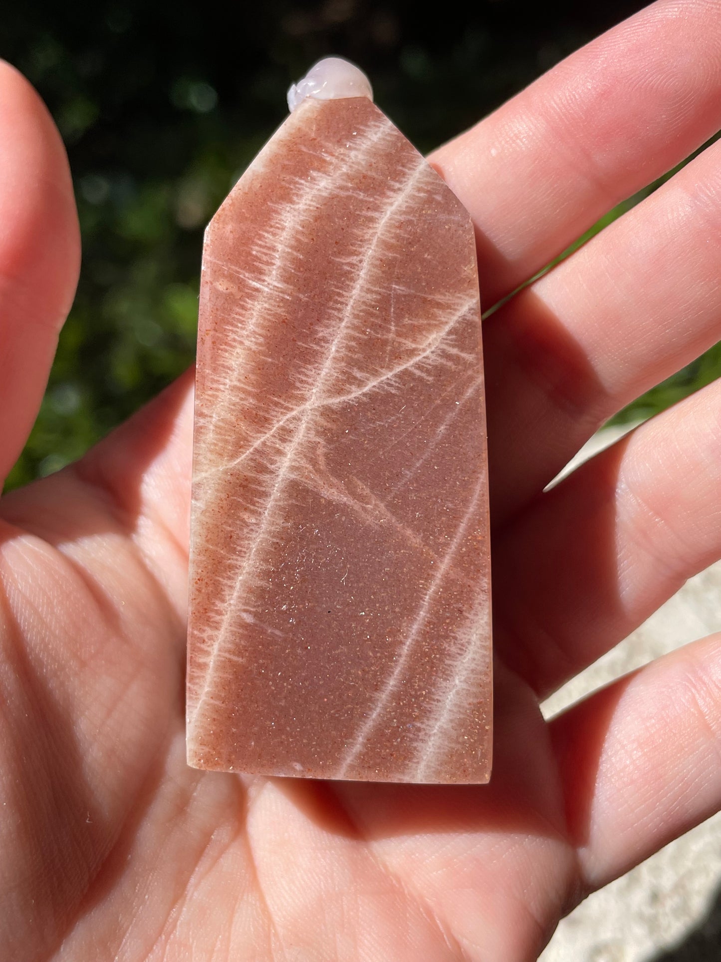 Peach Moonstone with Flashy Sunstone Crystal Tower