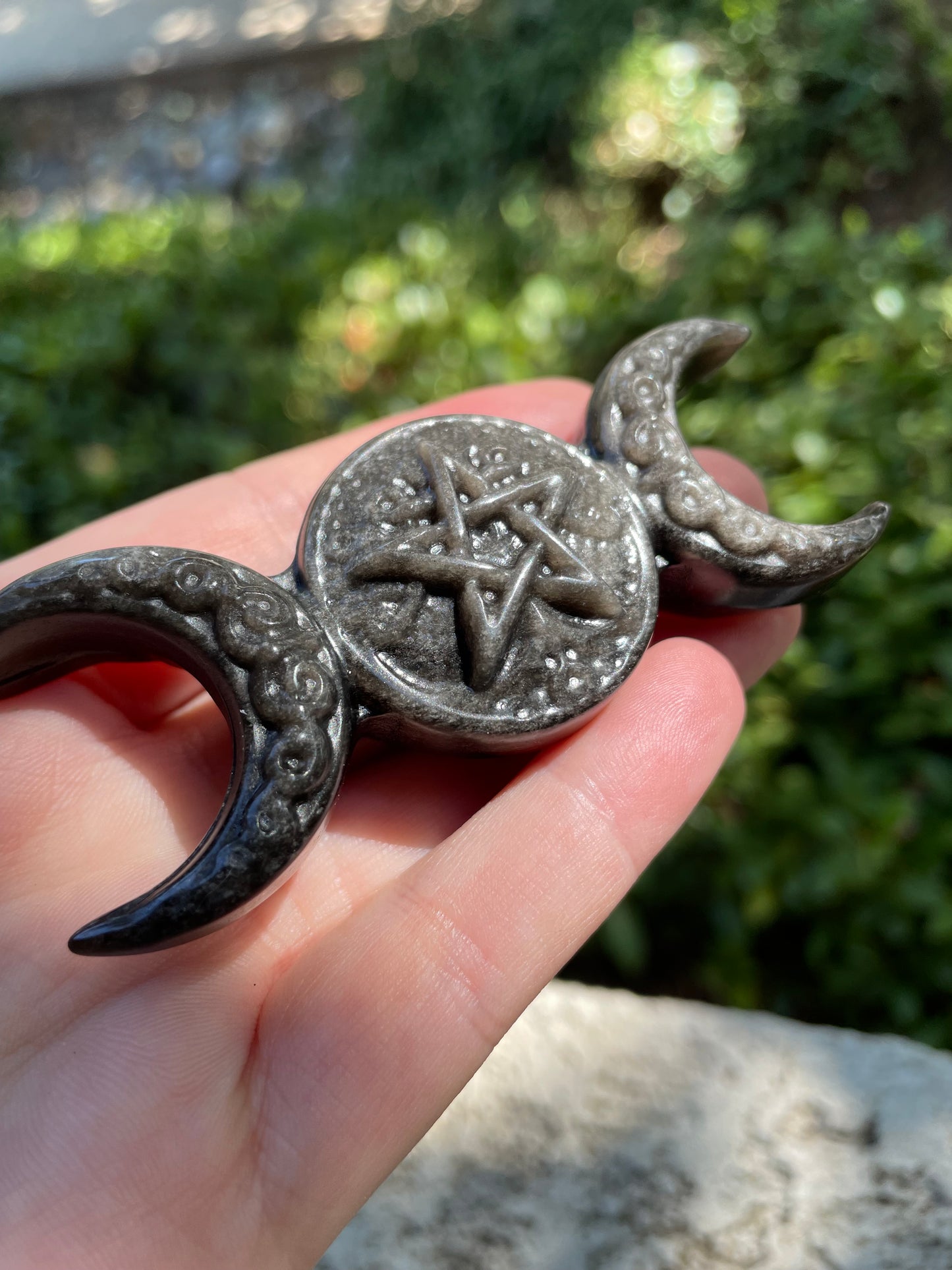 Silver Sheen Obsidian Crystal Triple Moon Pentacle Carving