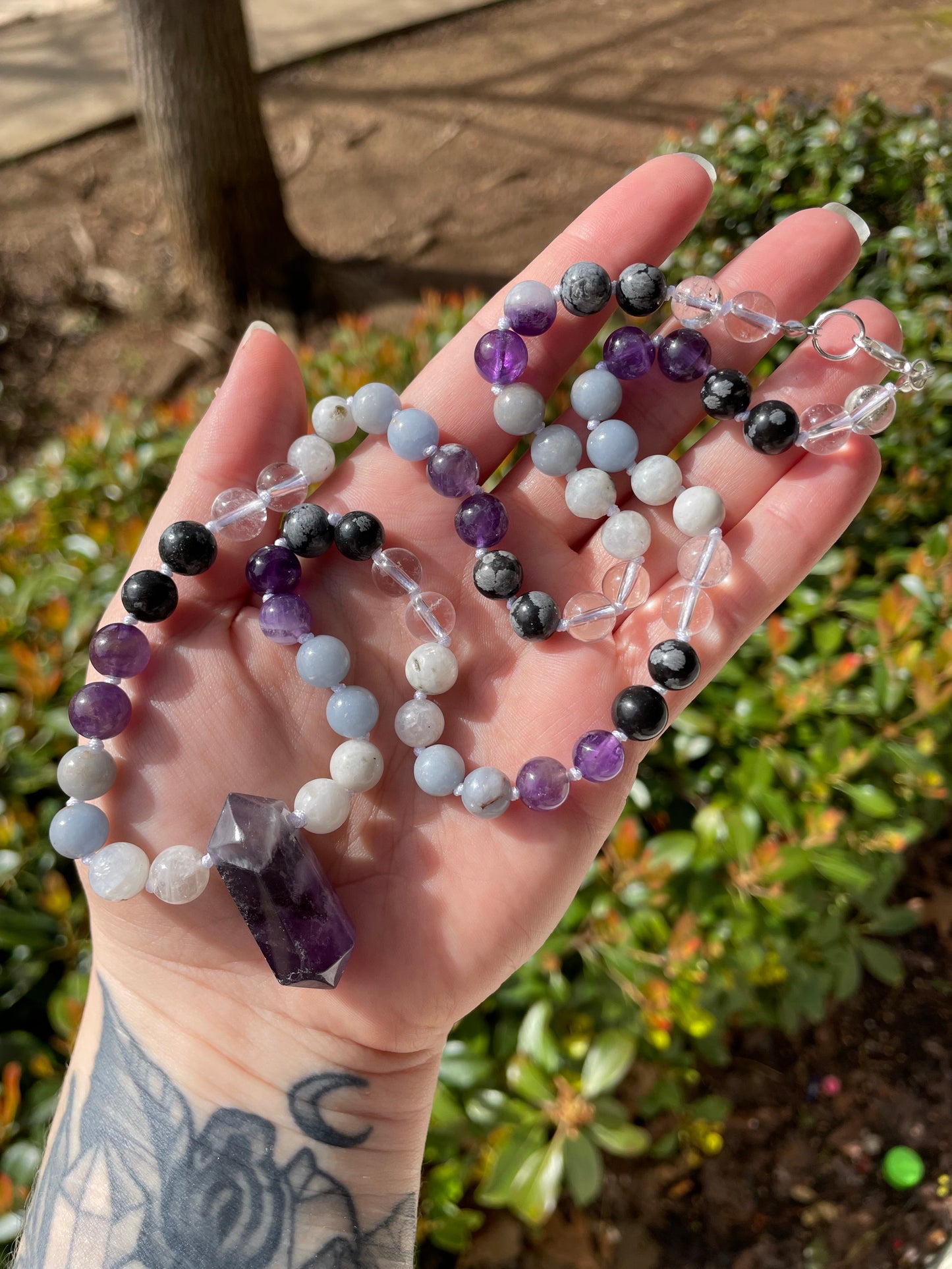 Angels & Spirit Guides Connection Boosting Necklace with Angelite, Amethyst, Clear Quartz, & Snowflake Obsidian