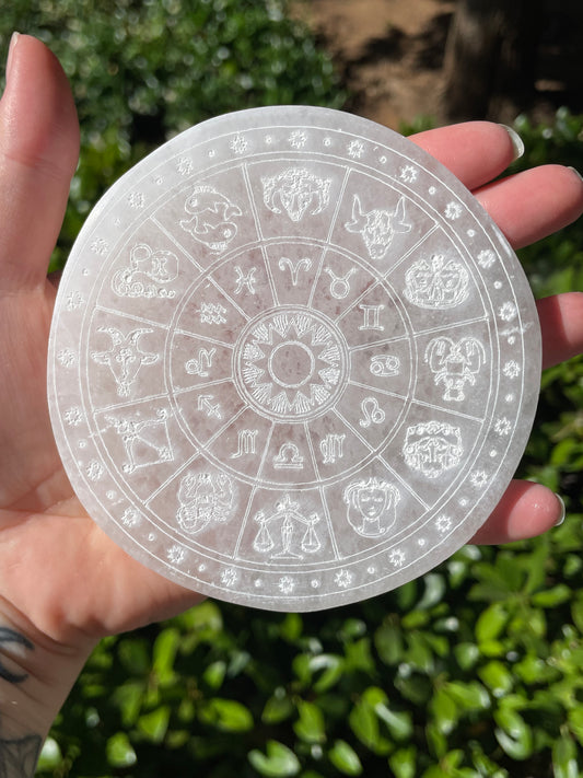 Zodiac Astrology Wheel Satin Spar Selenite Crystal Charging Plate