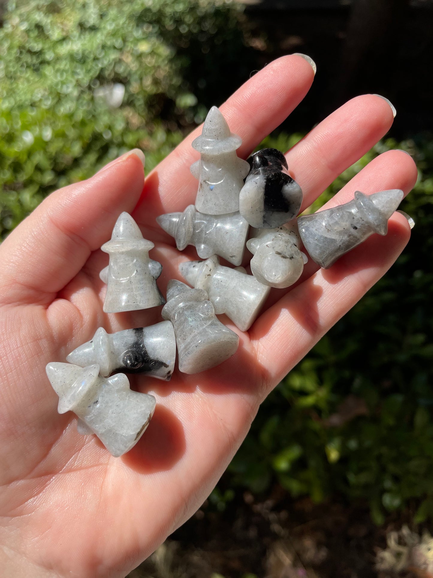 Small Crystal Ghosts with Witch Hats Halloween Carving, Quartz, Moss Agate, Aventurine, Obsidian, Labradorite