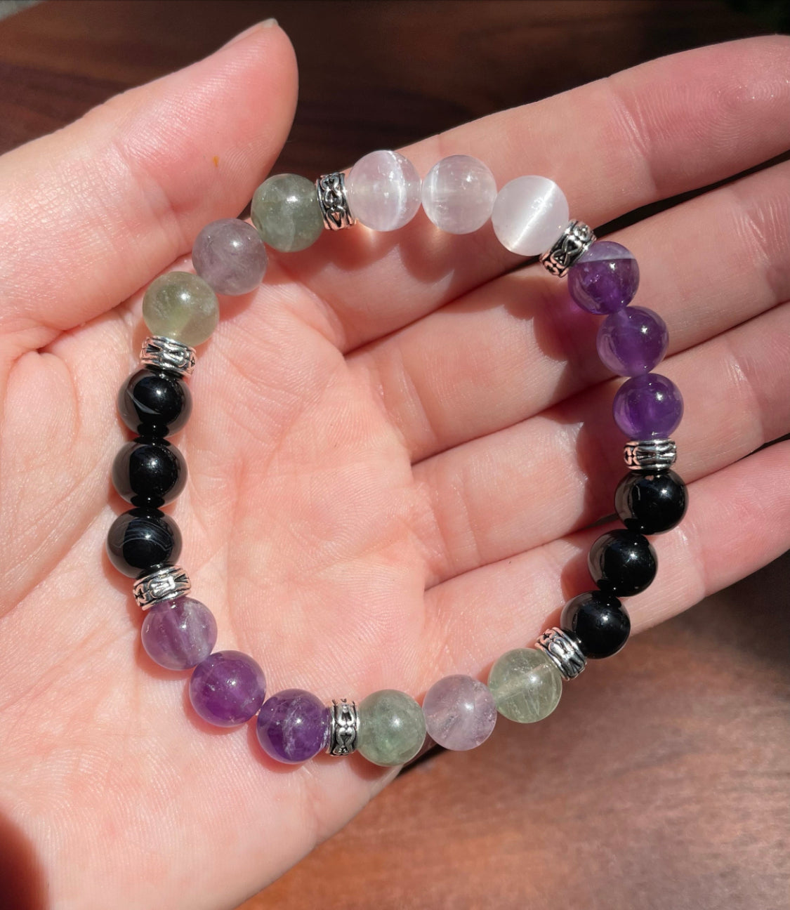 Anxiety Aid & Focus Crystal Bracelet with Fluorite, Amethyst, & Selenite, Black Obsidian