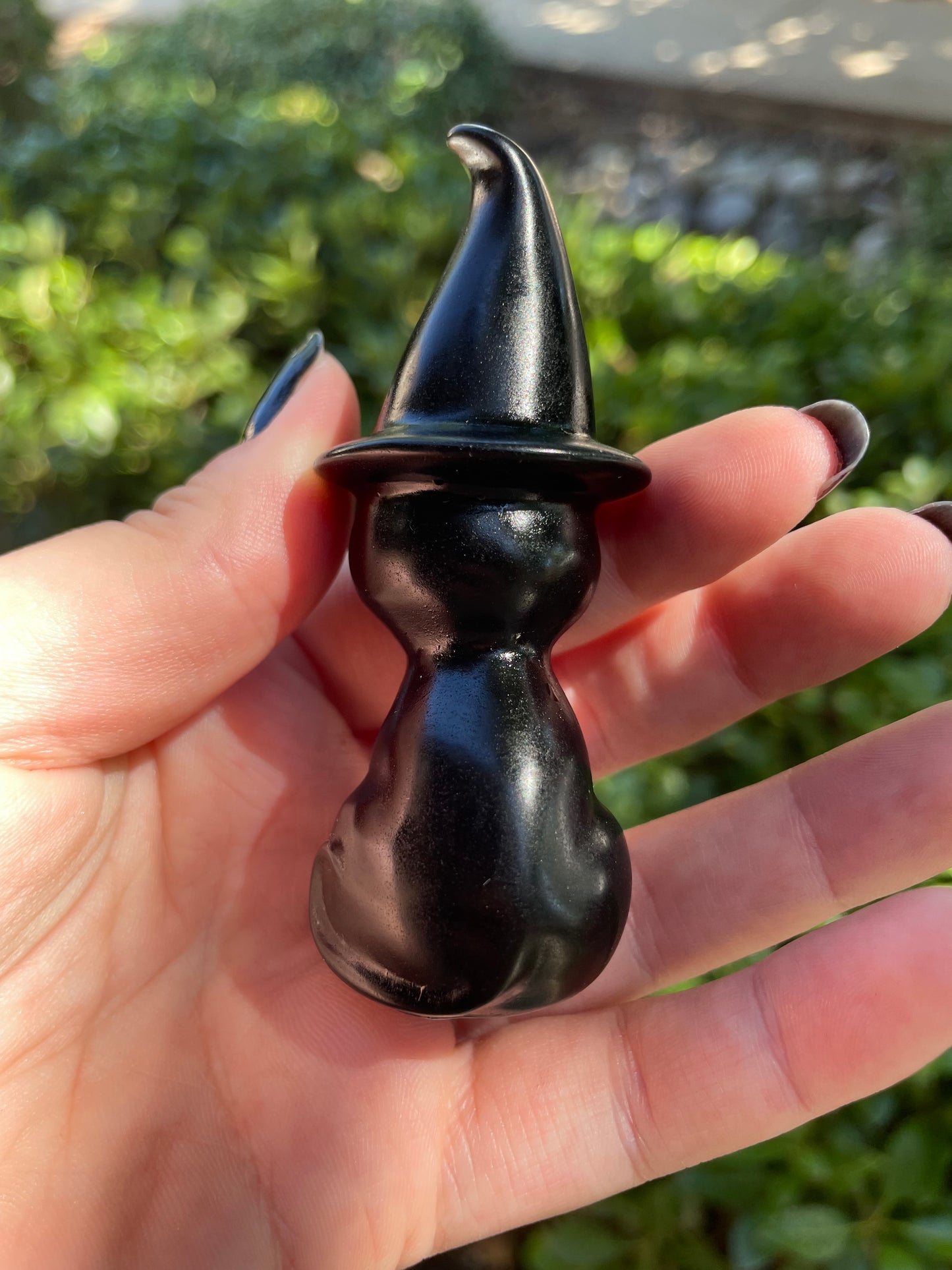 Obsidian Witch Cat Crystal Carving