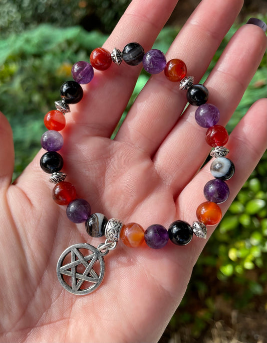 Pentacle Witchy Crystal Bracelet with Carnelian, Onyx, & Amethyst