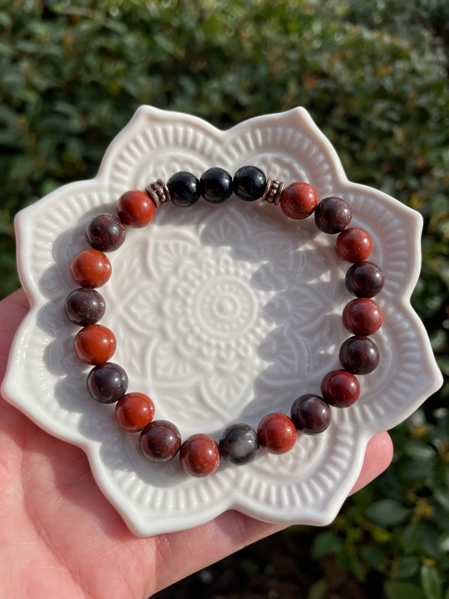 Root Chakra Balancing Crystal Bracelet with Red Jasper, Black Tourmaline, Garnet, & Red Brecciated Jasper