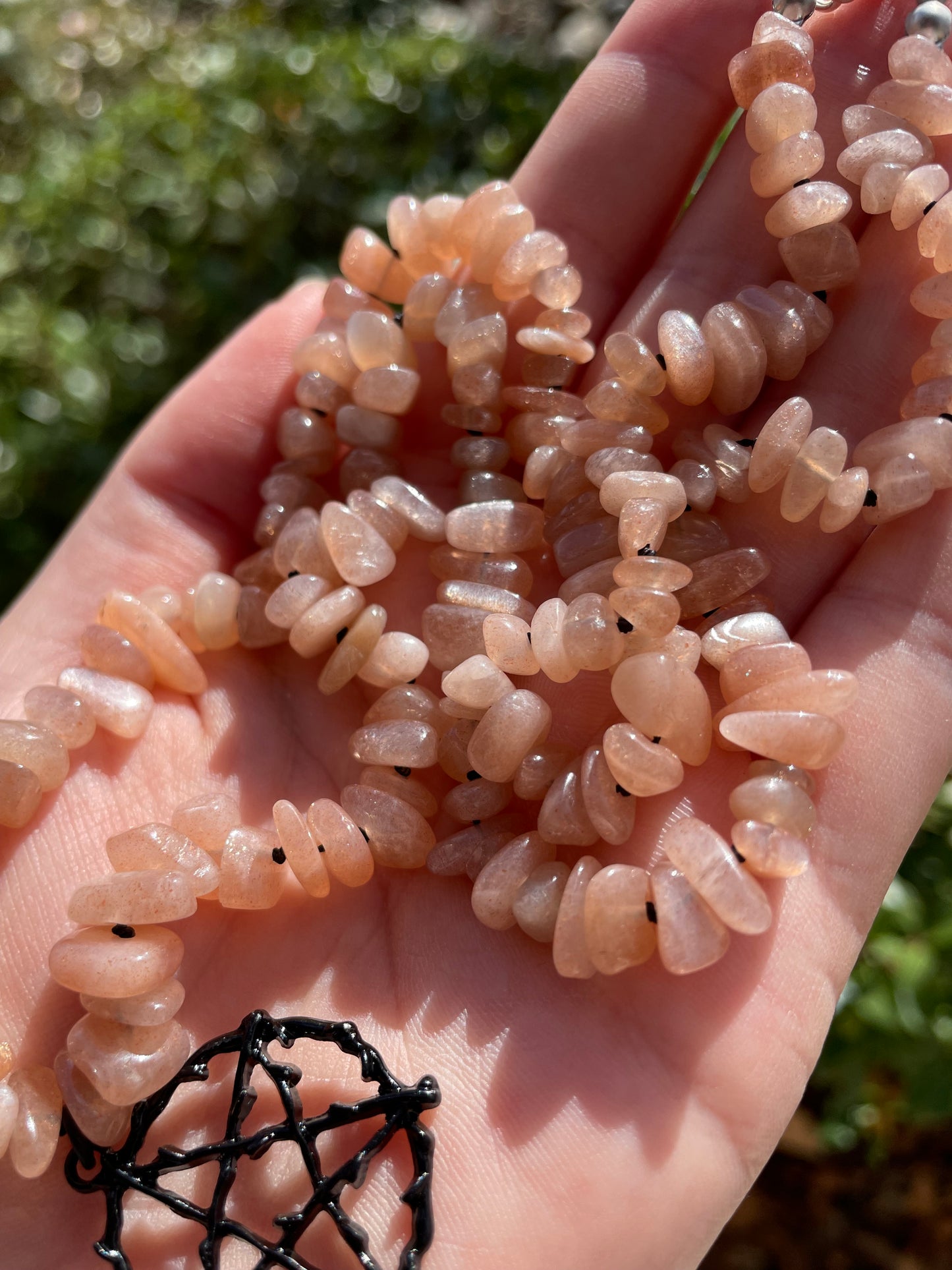 Flashy Peach Moonstone with Sunstone Crystal Pentacle Necklace