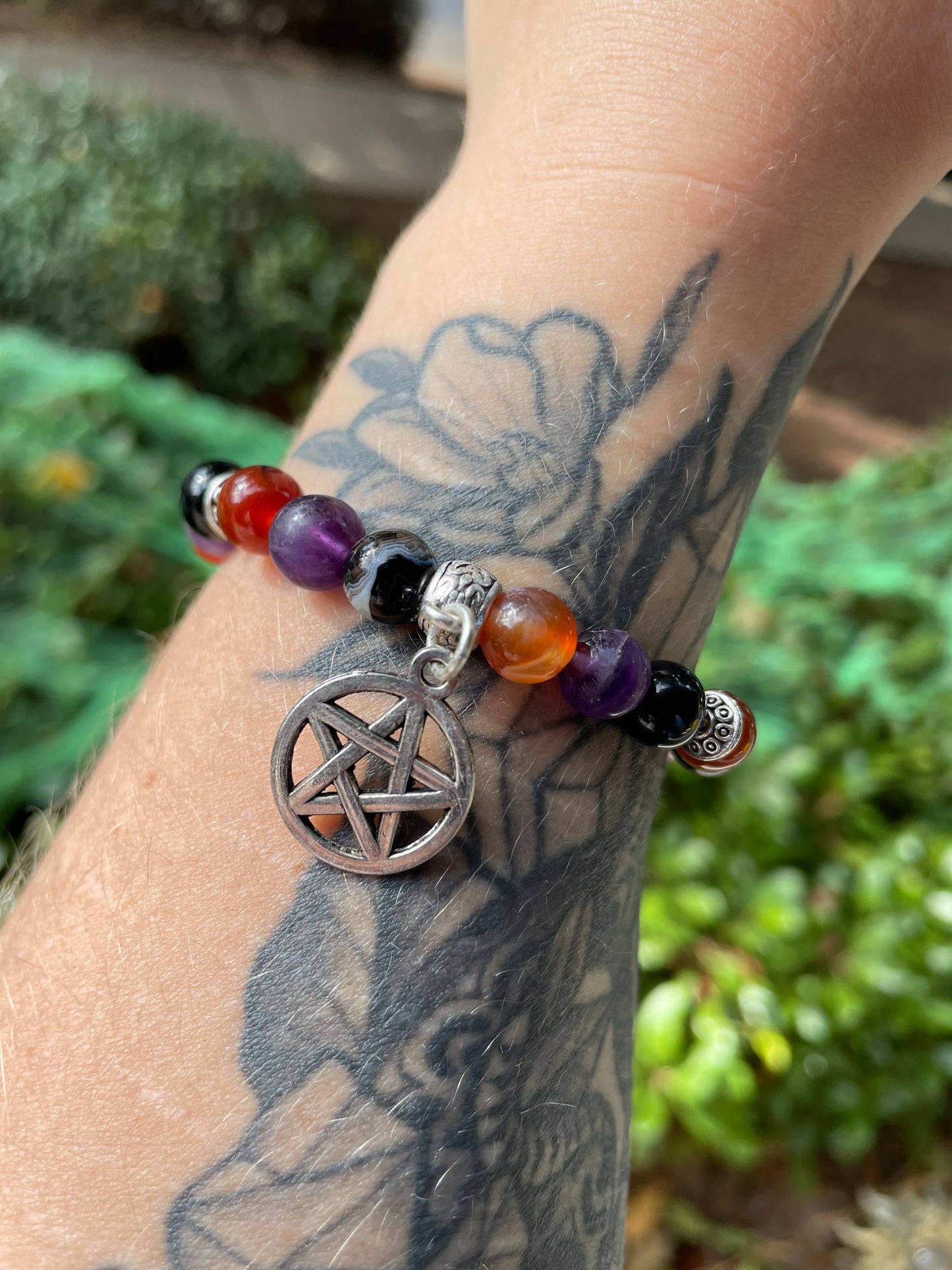 Pentacle Witchy Crystal Bracelet with Carnelian, Onyx, & Amethyst