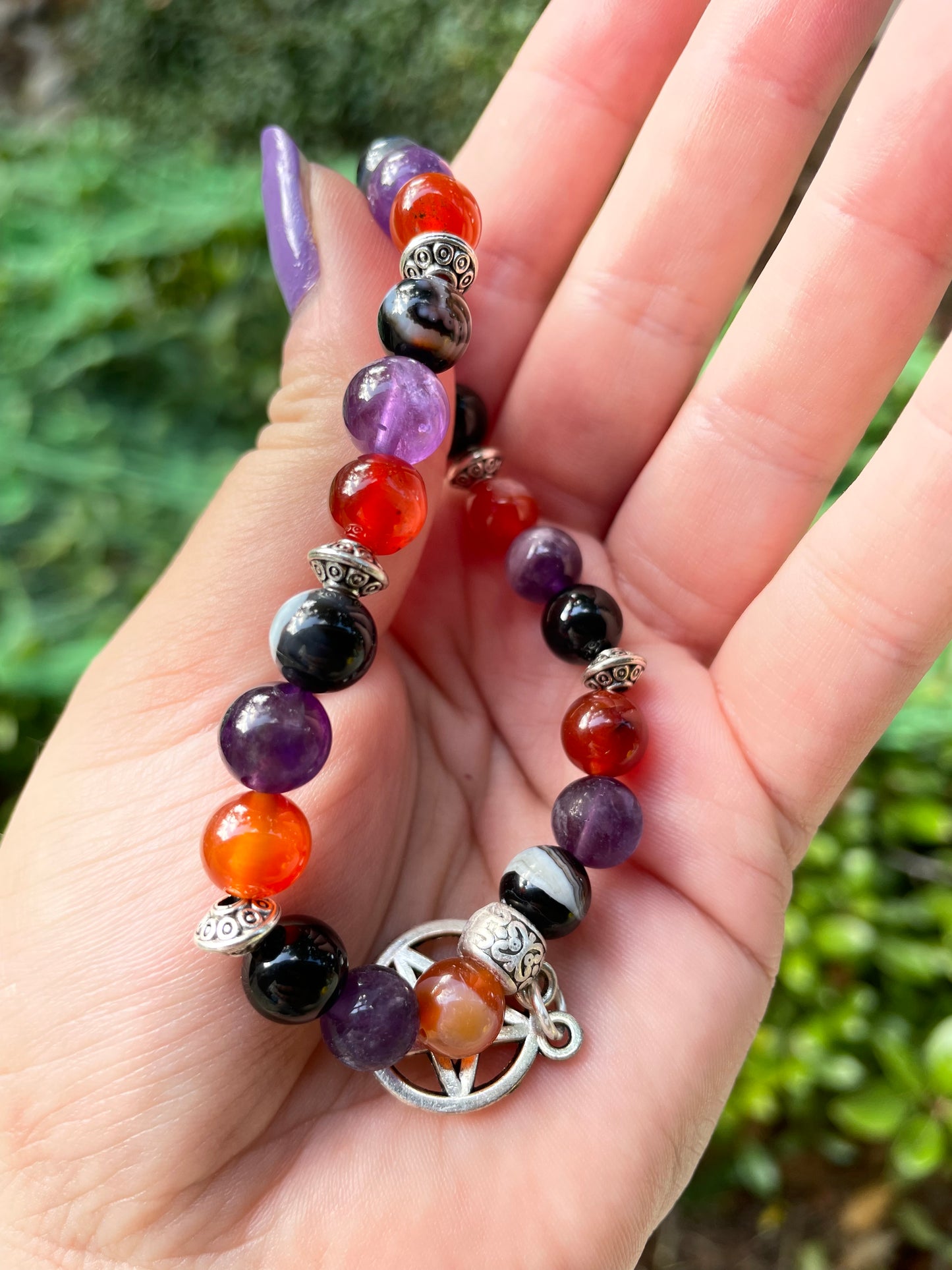 Pentacle Witchy Crystal Bracelet with Carnelian, Onyx, & Amethyst