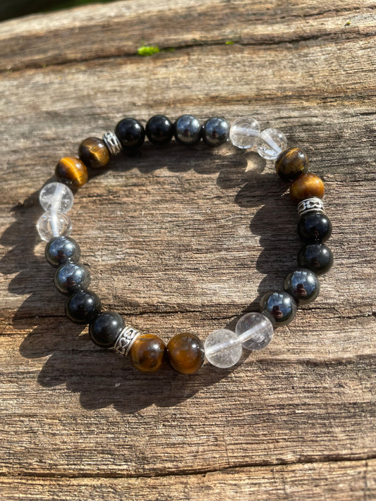 Ground & Protect Your Energy & Crystal Bracelet with Hematite, Clear quartz, Tigers Eye, & Black Tourmaline