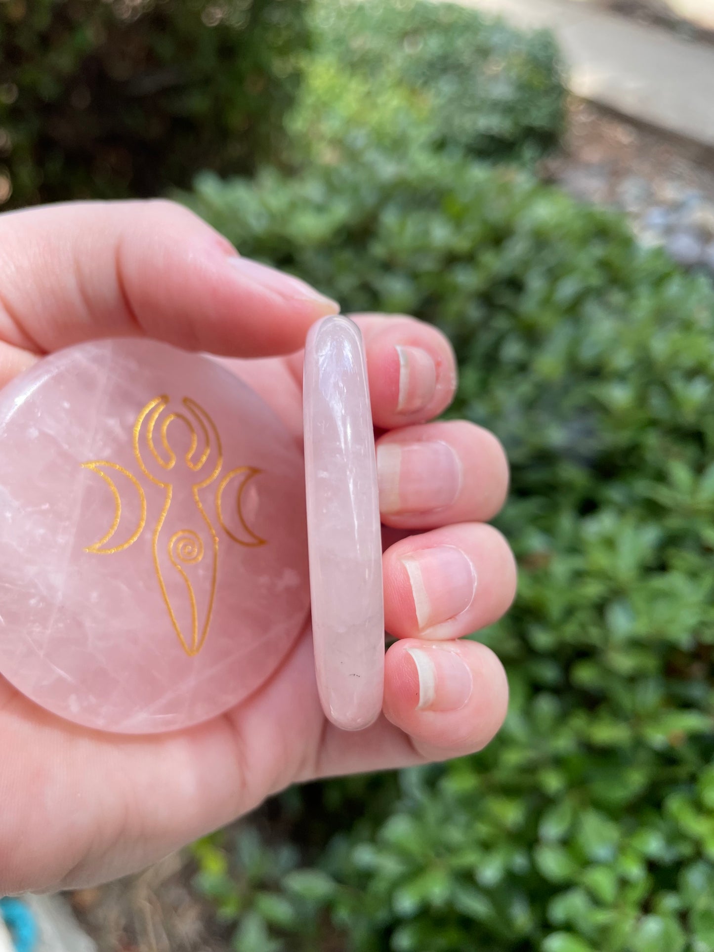 Rose Quartz Crystal Goddess Etched Worry Stone Disc