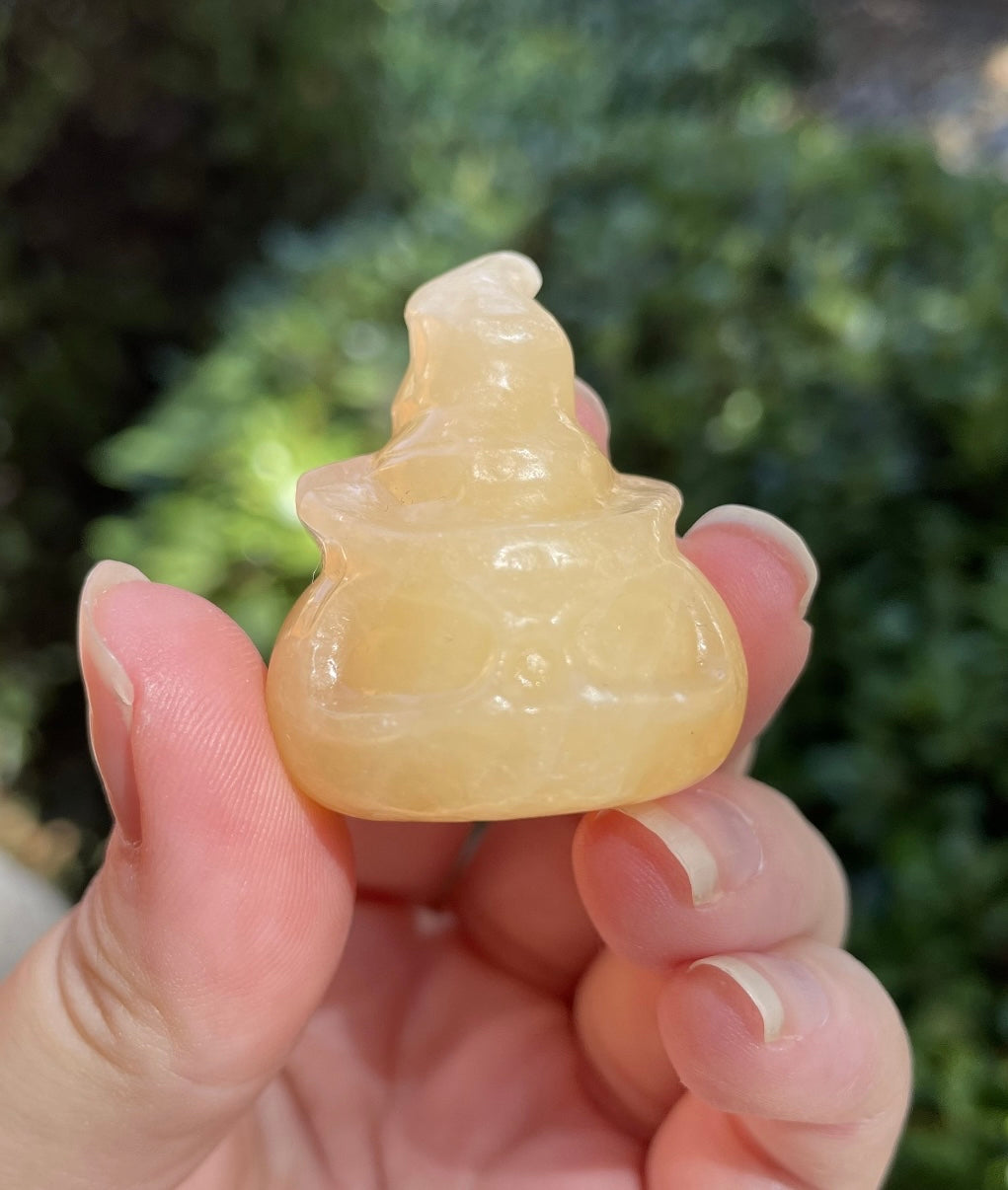 Orange Calcite Crystal Jack-O-Lantern Pumpkin with Witch Hat Carving for Halloween