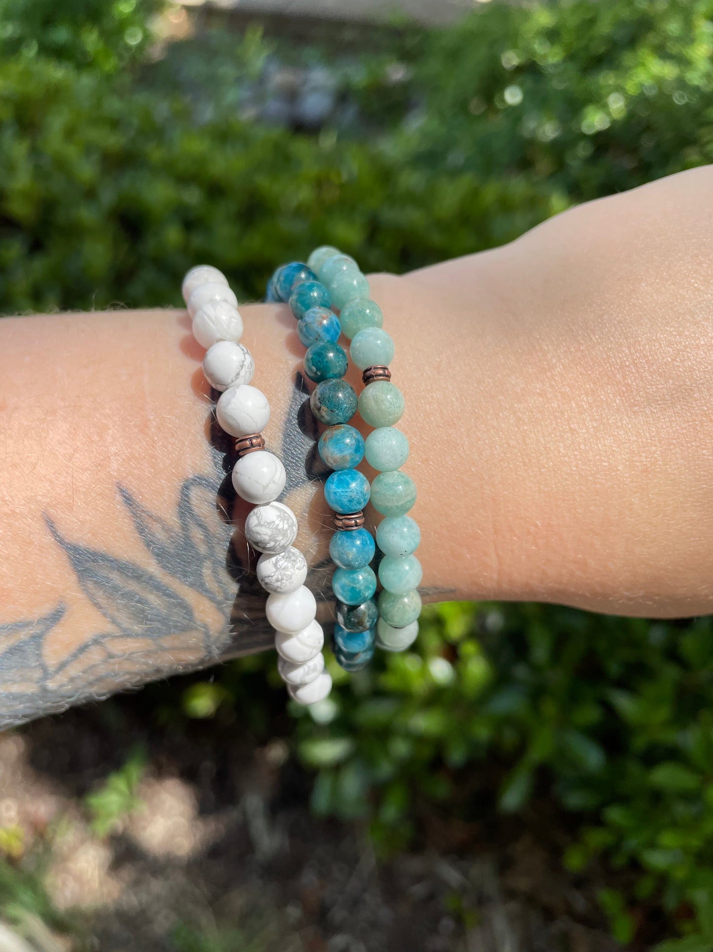 Emotion Balancing and Calming Howlite, Amazonite, and Blue Apatite Crystal Beaded Stackable Bracelet Set