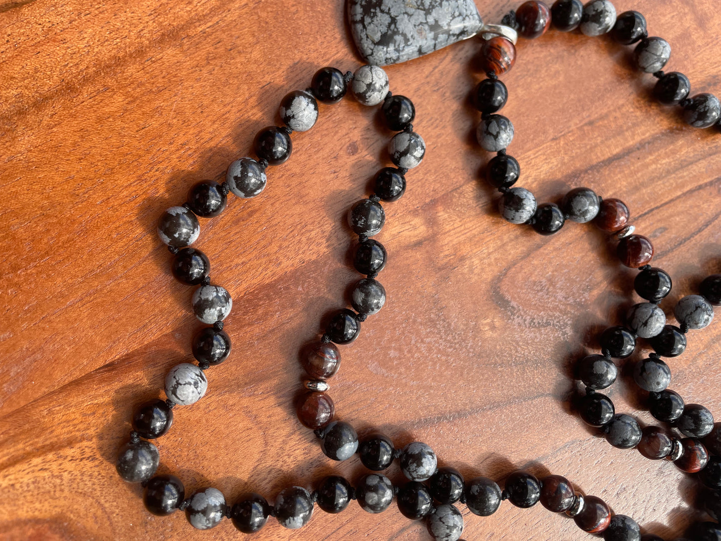 Protection- Tigers Eye, Onyx, & Snowflake Obsidian Crystal Beaded Mala Necklace