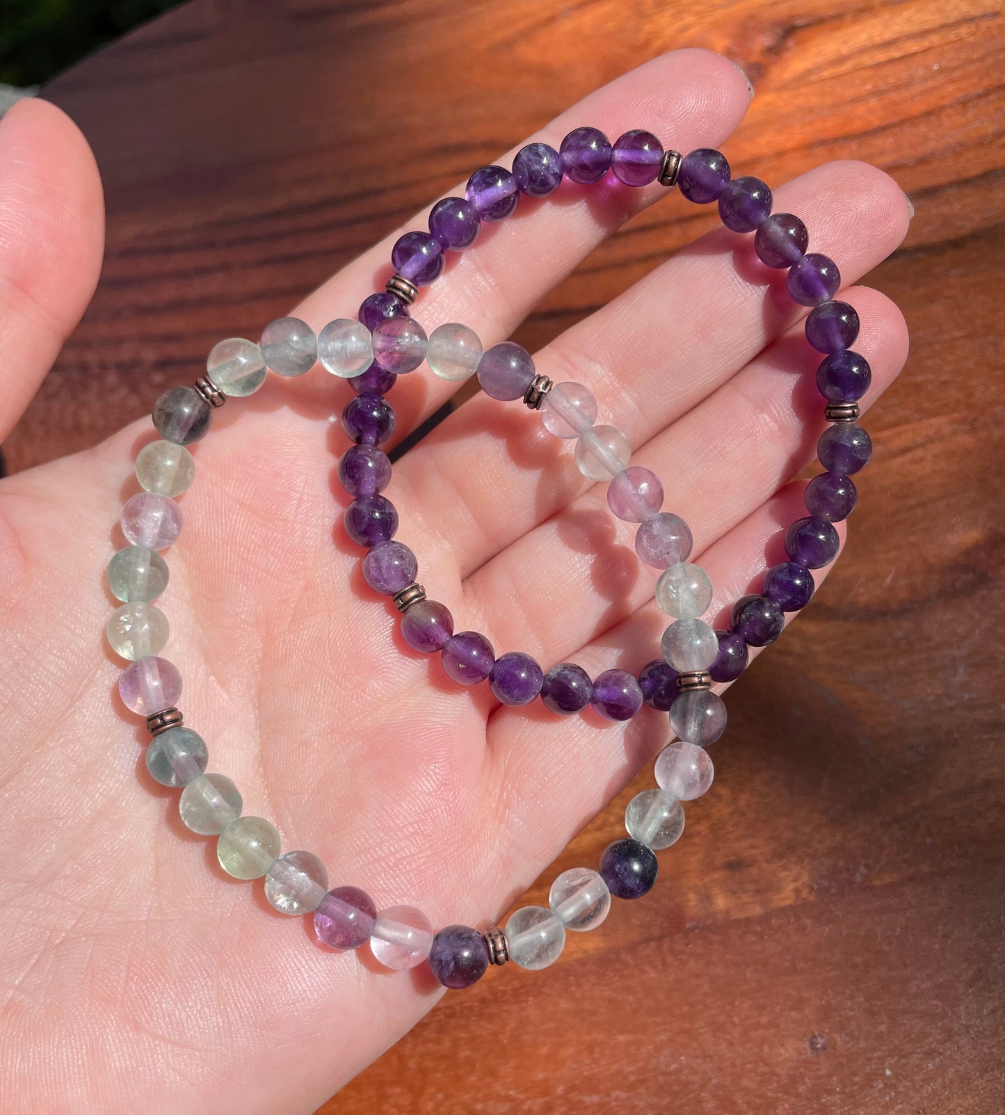 Calming and Anxiety Easing Rainbow Flourite and Amethyst Crystal Beaded Bracelets