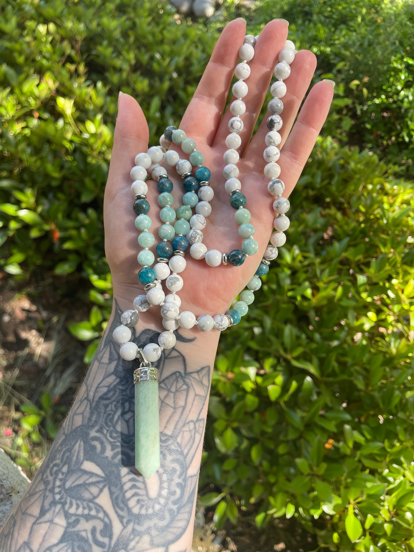 Emotion Balancing and Calming Howlite, Amazonite, and Blue Apatite Crystal Beaded Necklace