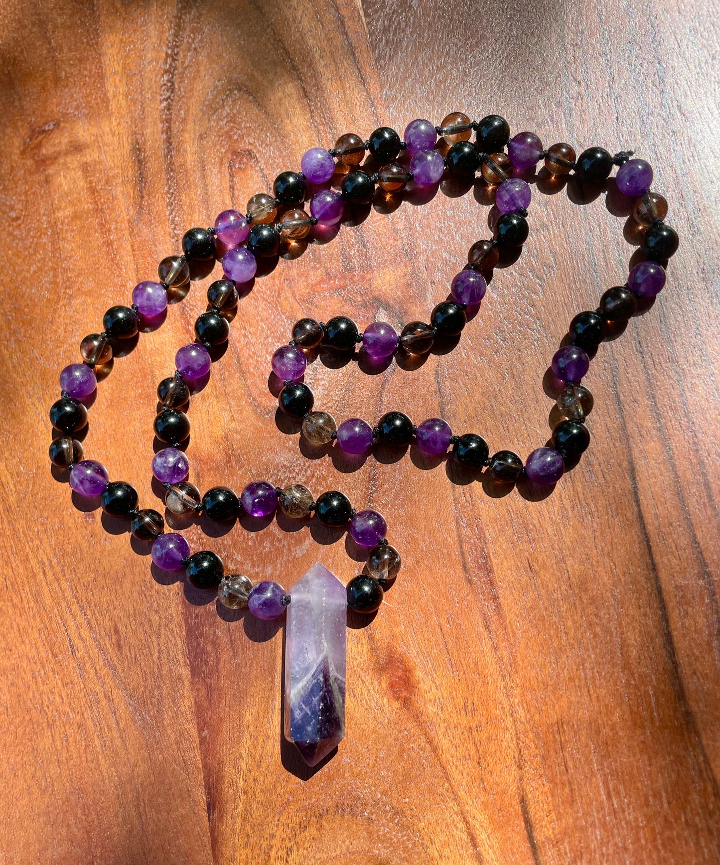 Grounding & Anxiety Help Amethyst, Obsidian, and Smokey Quartz Crystal Beaded Necklace