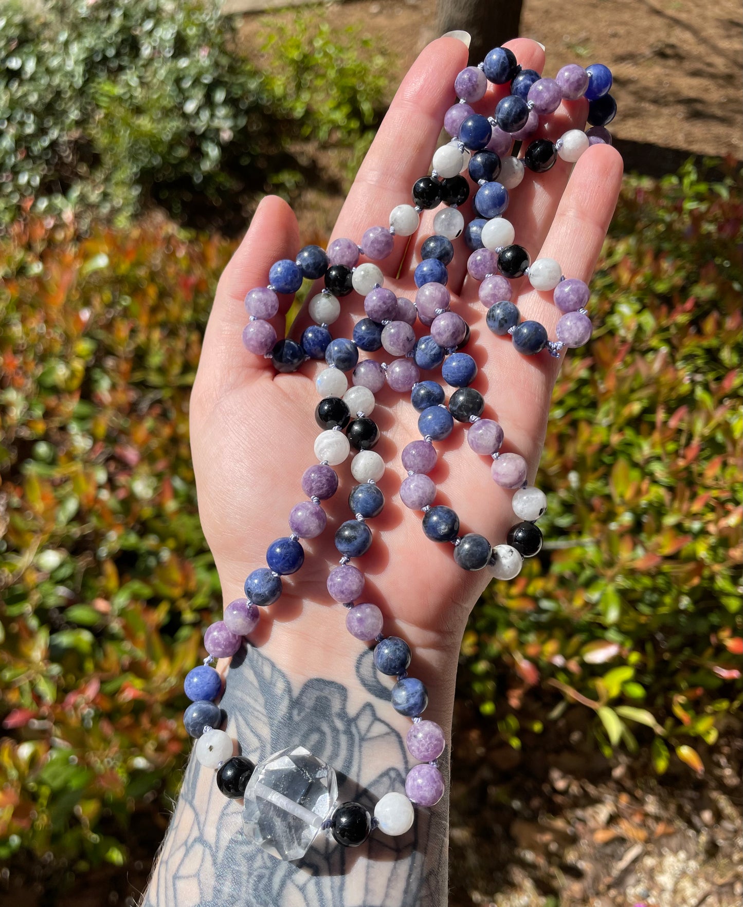 Feminine Connection Crystal Necklace with Sodalite, Moonstone, Lepidolite, Clear Quartz, and Black Tourmaline for emotional balance