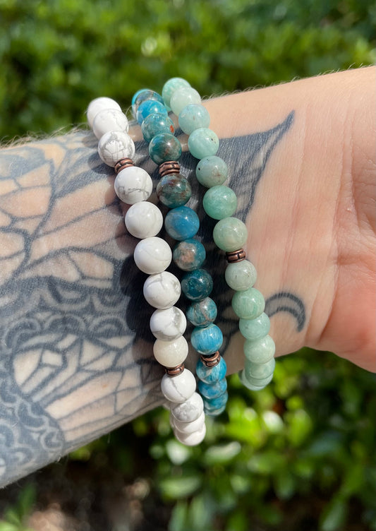 Emotion Balancing and Calming Howlite, Amazonite, and Blue Apatite Crystal Beaded Stackable Bracelet Set