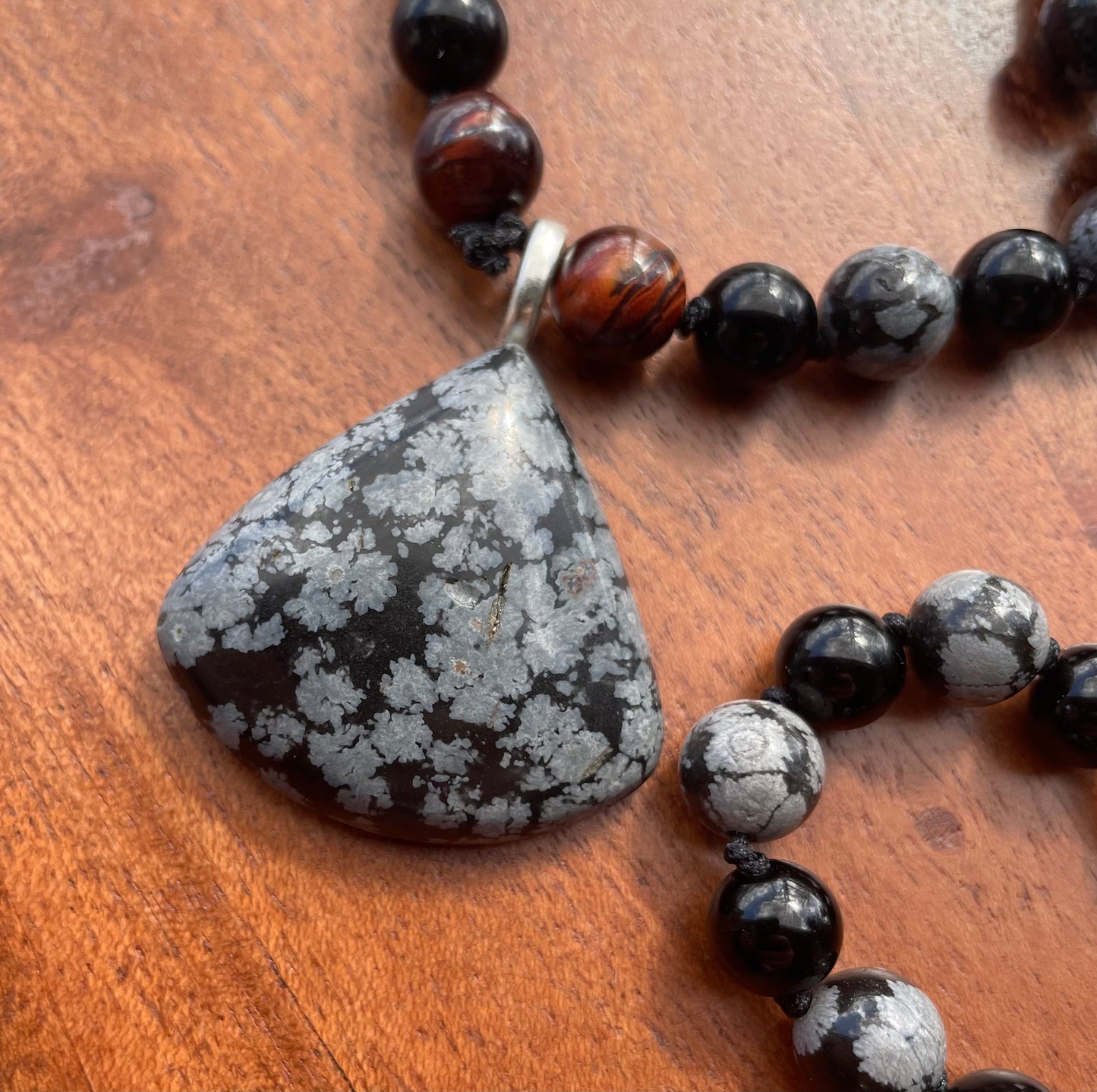 Protection- Tigers Eye, Onyx, & Snowflake Obsidian Crystal Beaded Mala Necklace