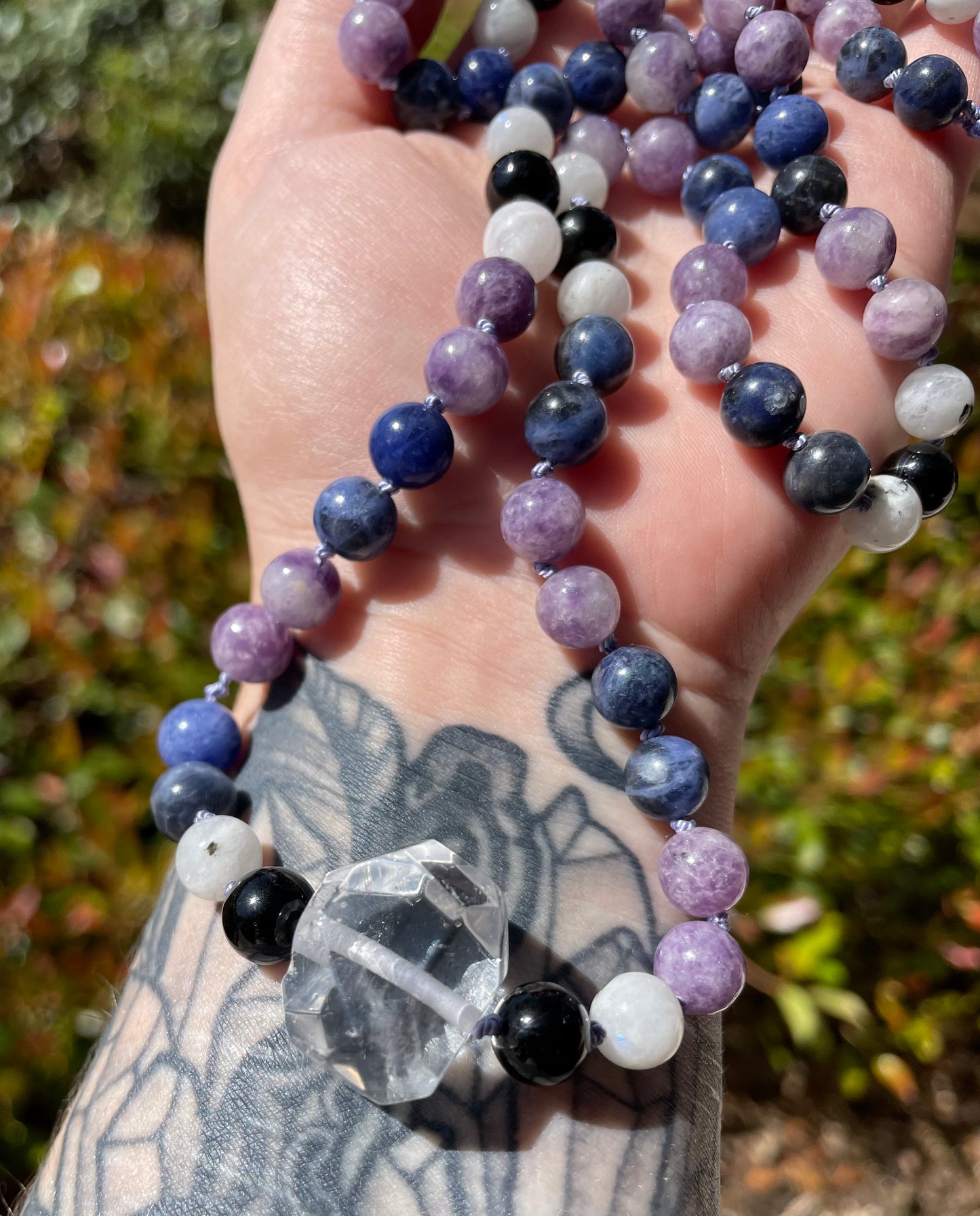 Feminine Connection Crystal Necklace with Sodalite, Moonstone, Lepidolite, Clear Quartz, and Black Tourmaline for emotional balance