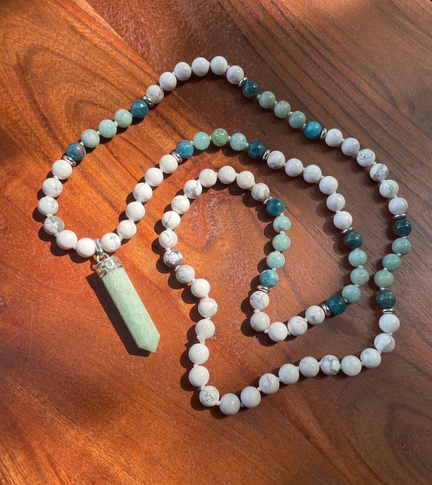 Emotion Balancing and Calming Howlite, Amazonite, and Blue Apatite Crystal Beaded Necklace