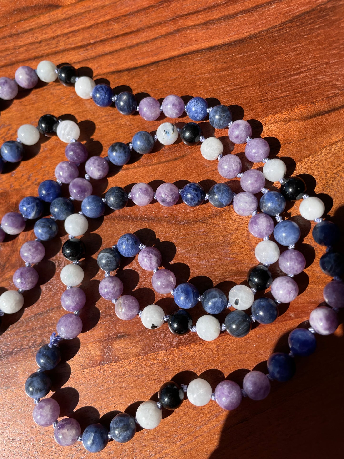 Feminine Connection Crystal Necklace with Sodalite, Moonstone, Lepidolite, Clear Quartz, and Black Tourmaline for emotional balance