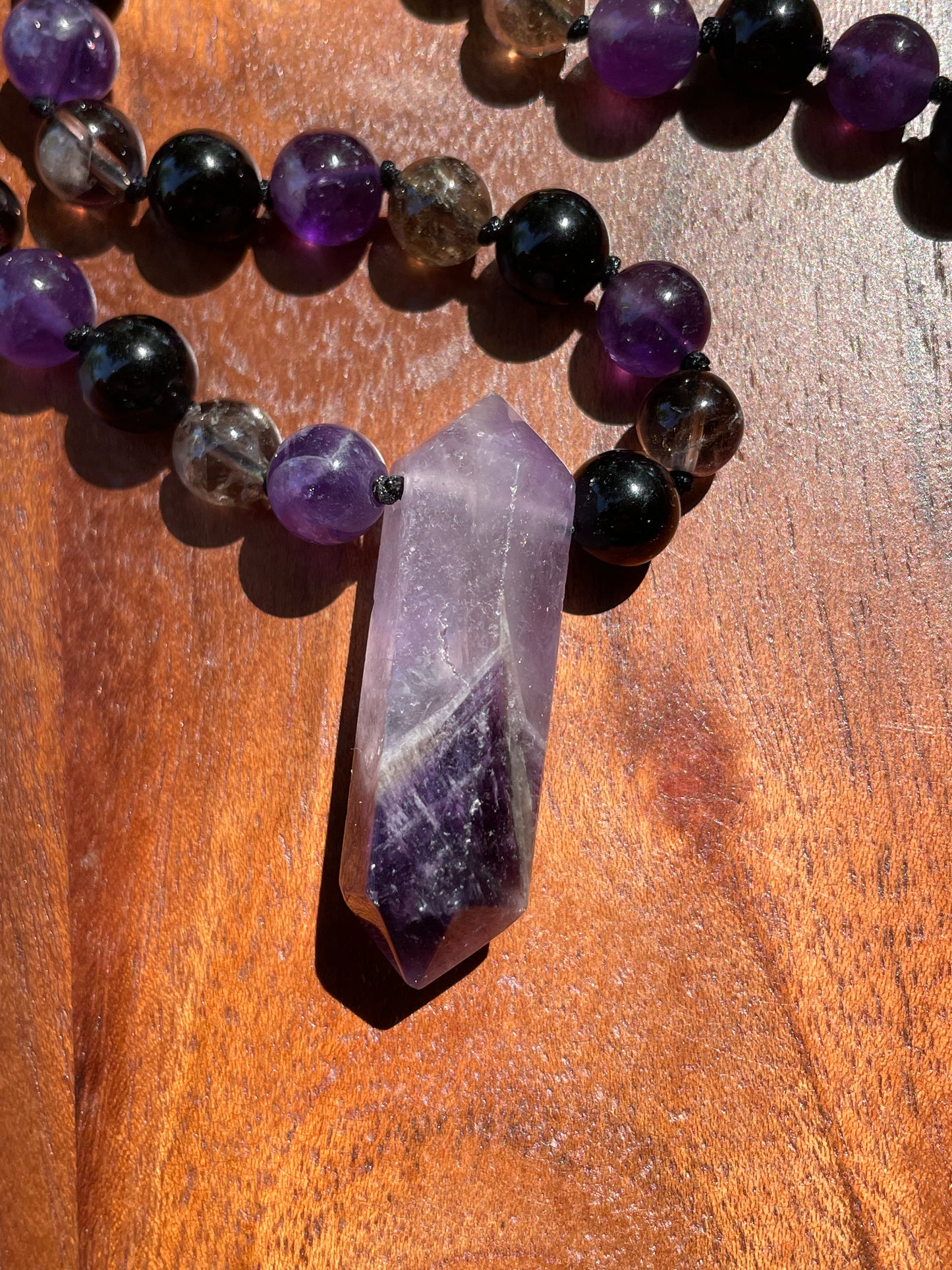 Grounding & Anxiety Help Amethyst, Obsidian, and Smokey Quartz Crystal Beaded Necklace