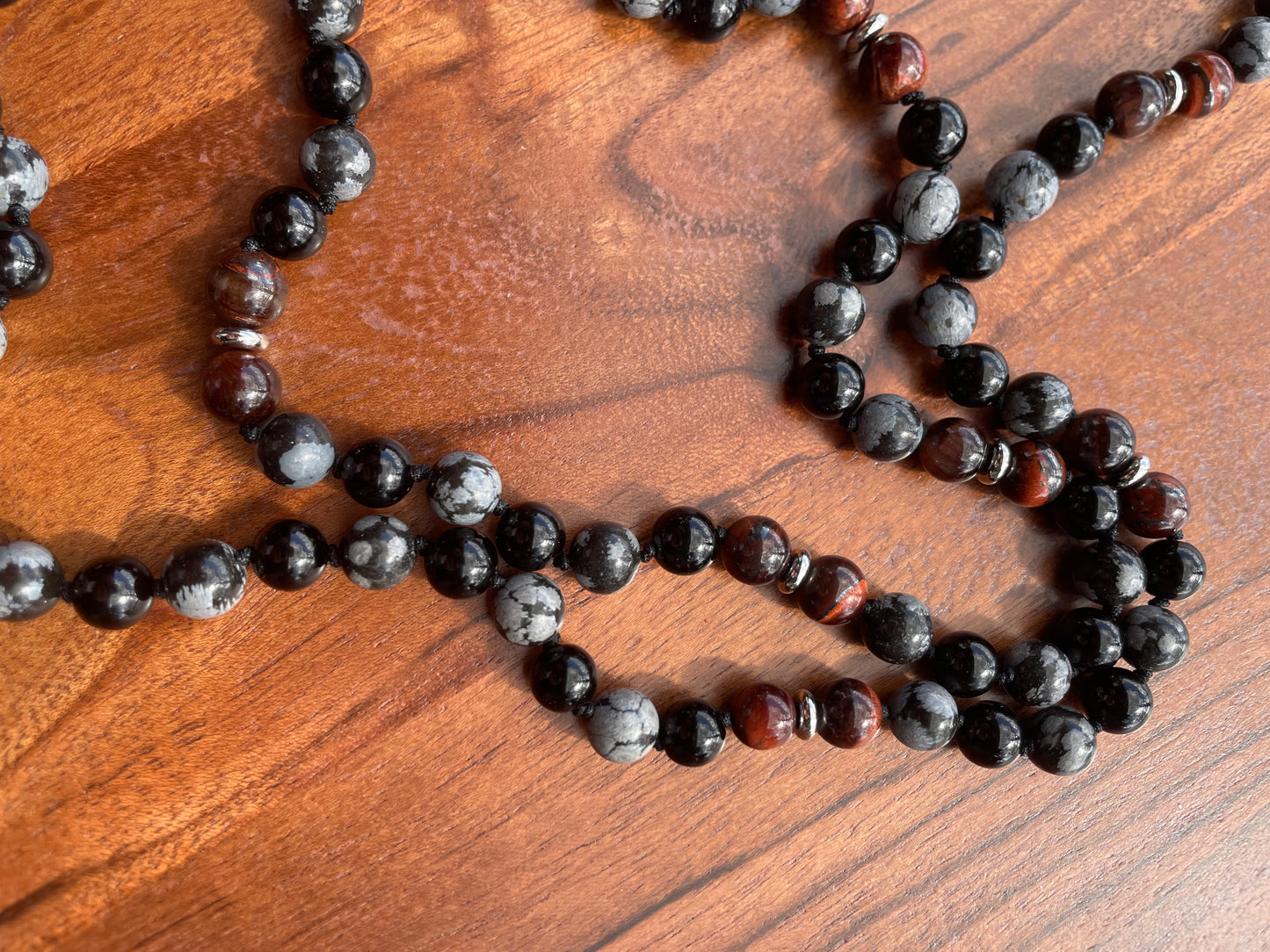 Protection- Tigers Eye, Onyx, & Snowflake Obsidian Crystal Beaded Mala Necklace