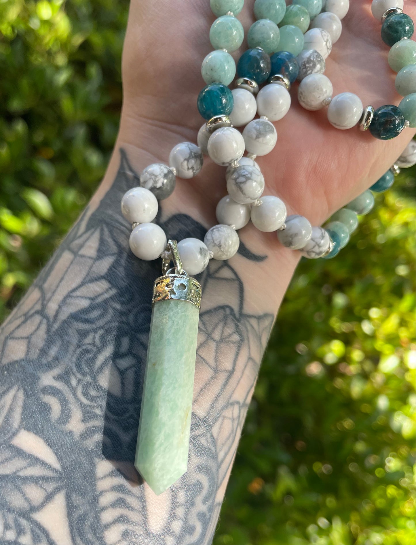 Emotion Balancing and Calming Howlite, Amazonite, and Blue Apatite Crystal Beaded Necklace