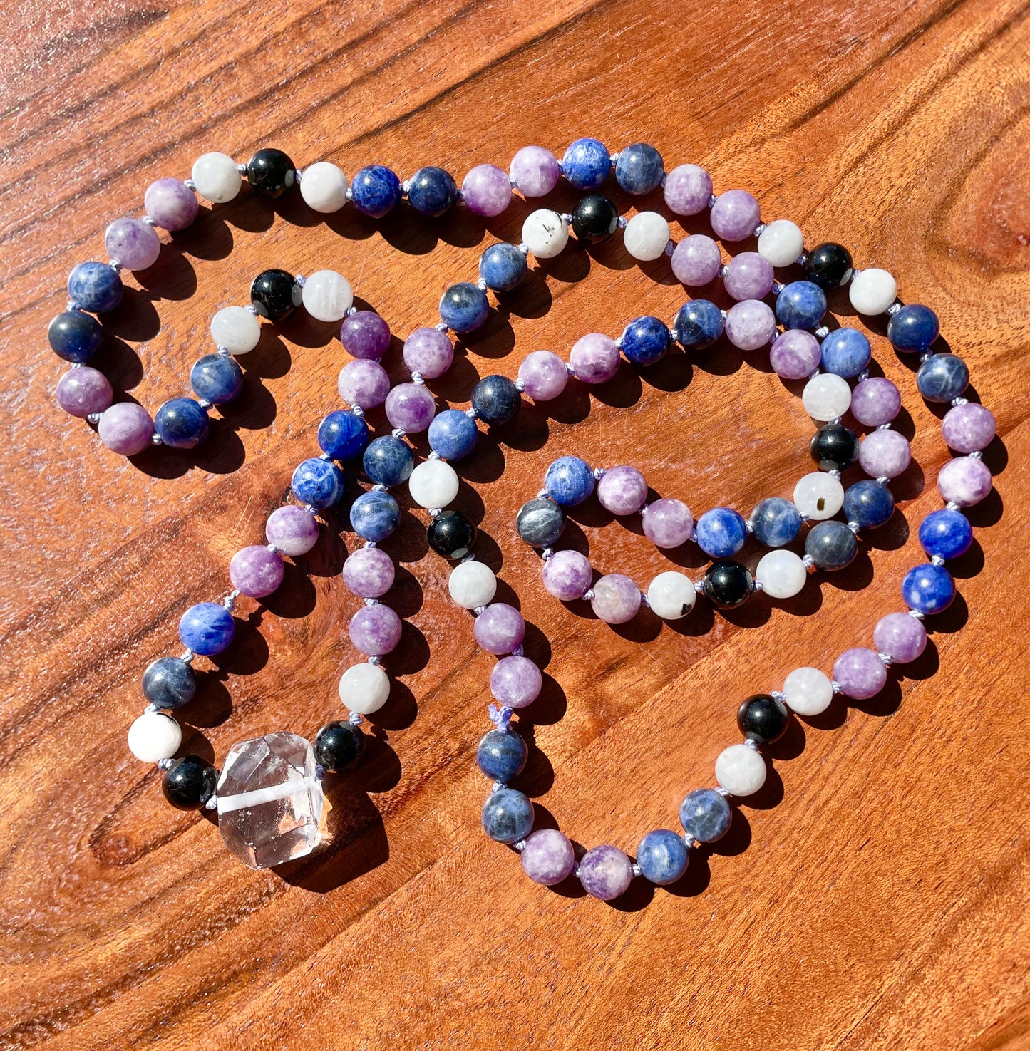 Feminine Connection Crystal Necklace with Sodalite, Moonstone, Lepidolite, Clear Quartz, and Black Tourmaline for emotional balance