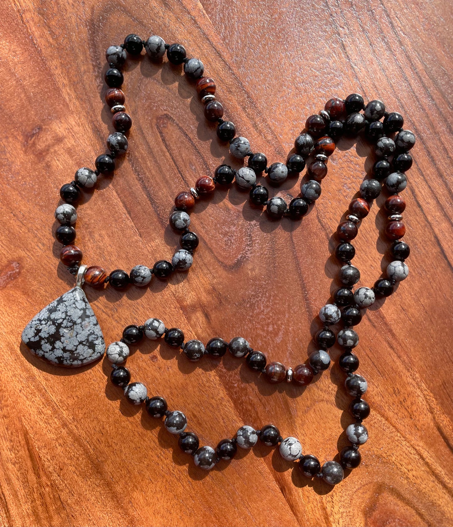 Protection- Tigers Eye, Onyx, & Snowflake Obsidian Crystal Beaded Mala Necklace