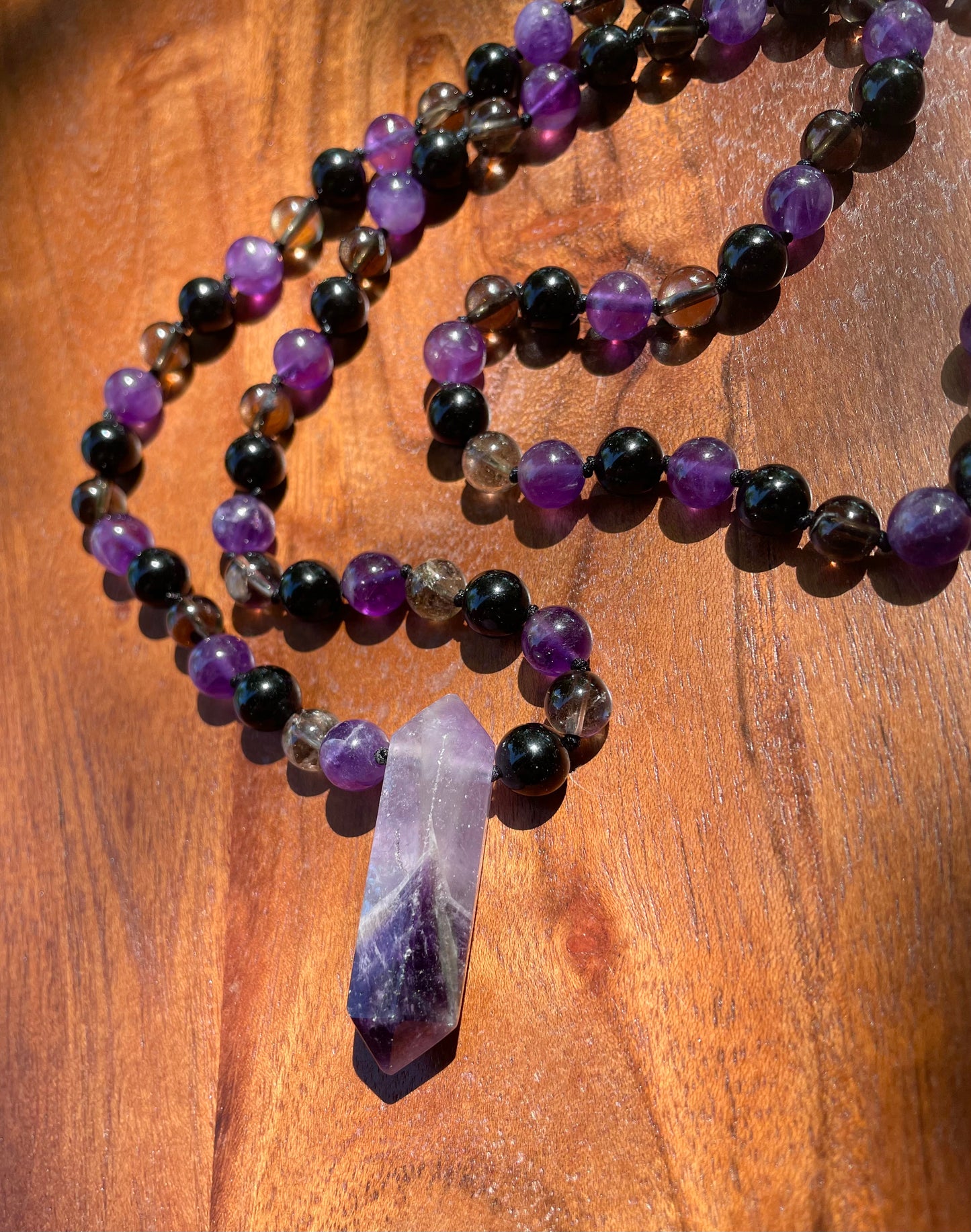 Grounding & Anxiety Help Amethyst, Obsidian, and Smokey Quartz Crystal Beaded Necklace