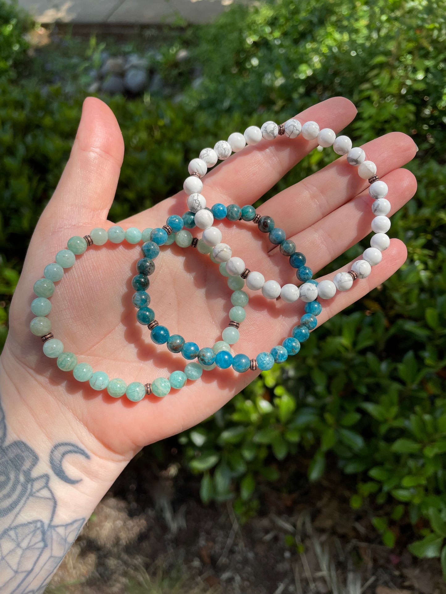 Emotion Balancing and Calming Howlite, Amazonite, and Blue Apatite Crystal Beaded Stackable Bracelet Set